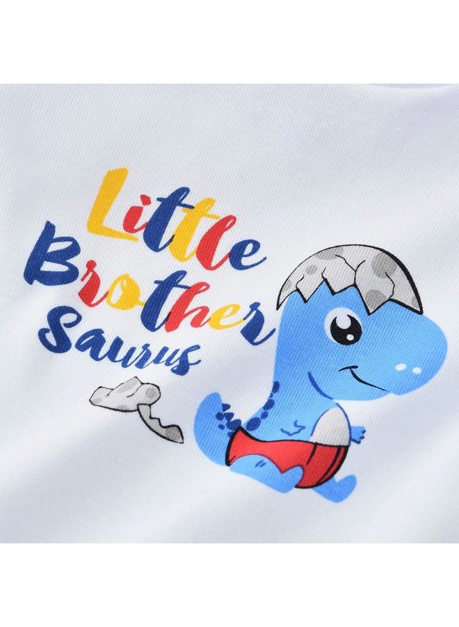 WAWSAM Little Brother Saurus Bodysuit Baby Boys' Dinosaur Newborn Romper Gift Short-Sleeve 100% Cotton Printed Dino Outfit White Little Bro. T-Rex Jumpsuit (White, 0-3 Months) - Image 2