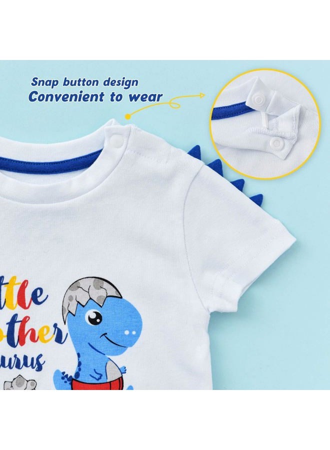 WAWSAM Little Brother Saurus Bodysuit Baby Boys' Dinosaur Newborn Romper Gift Short-Sleeve 100% Cotton Printed Dino Outfit White Little Bro. T-Rex Jumpsuit (White, 0-3 Months) - Image 5