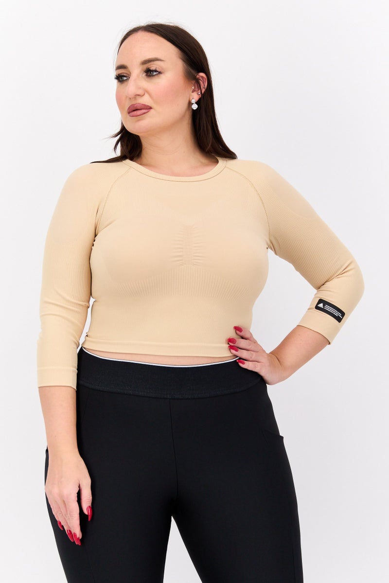 Adidas Women Plus Size Three Quarter Sleeve Shirt, Beige  - Image 1