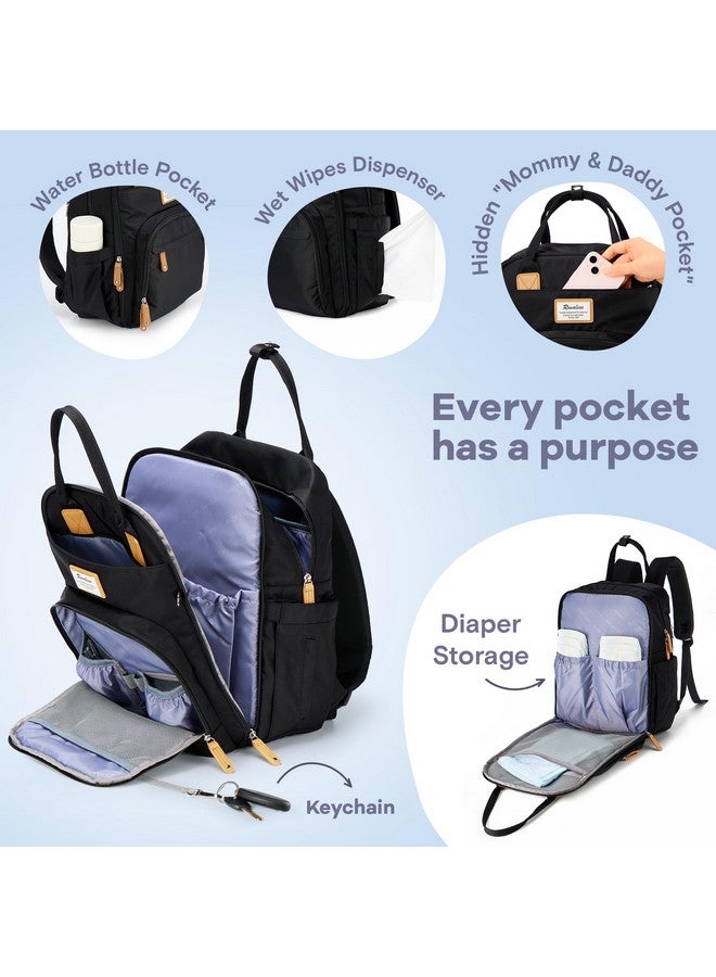 روفالينو حقيبة ظهر للحفاضات من روفالينو، حقيبة سفر متعددة الوظائف، حقائب تغيير حفاضات الأطفال، سعة كبيرة، مقاومة للماء، لون أسود - Image 2