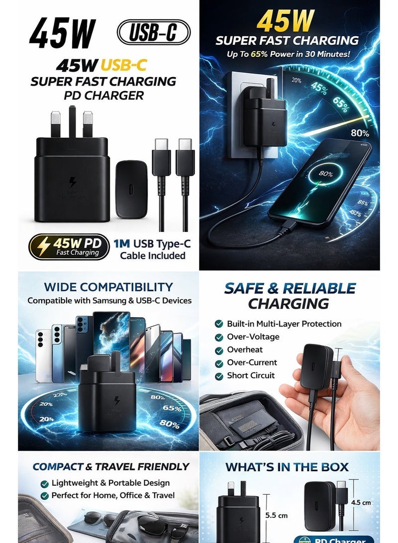 45W USB-C Super Fast Charging Charger with 1M Type-C Cable – PD 3.0 Fast Wall Adapter Compatible with S25 Ultra, S24, S23, S22, S21, A54, A53, A15, Z Fold & Z Flip – Type C Power Adapter - Image 2