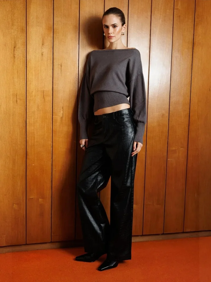 ميكسراي Boat Neck Balloon Sleeve Relaxed Fit Knit Sweater