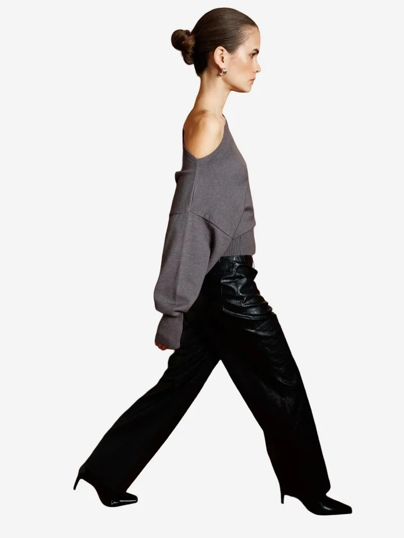 Mixray Dark Grey Mixray Ribbed Boat Neck Sweater for Women | Best Price UAE