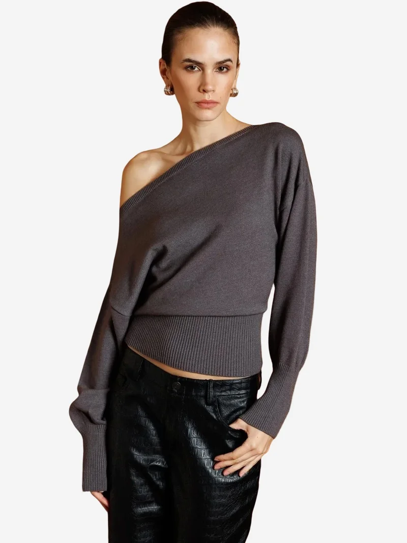 Mixray Dark Grey Mixray Ribbed Boat Neck Sweater for Women | Best Price UAE