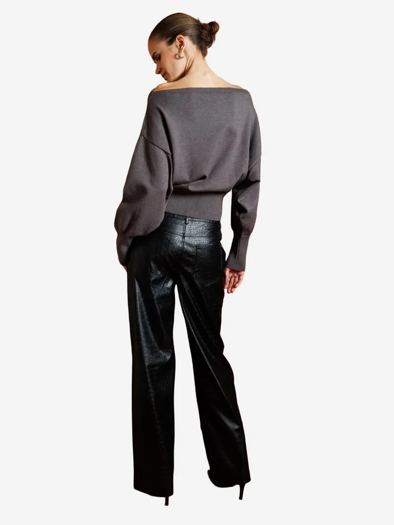 Mixray Dark Grey Mixray Ribbed Boat Neck Sweater for Women | Best Price UAE