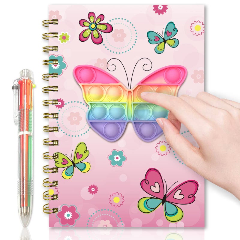 xiaomianyang Pop Notebook for Kids Fidget Girls Diary Journal 83x57 Inches 160 Lined Pages with 6 Multicolor Pen Spiral Journal for Teenage School Writing Drawing Pop Butterfly It Gifts Stuff Age 6 8 10 12 - Image 2