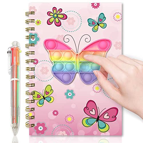 xiaomianyang Pop Notebook for Kids Fidget Girls Diary Journal 83x57 Inches 160 Lined Pages with 6 Multicolor Pen Spiral Journal for Teenage School Writing Drawing Pop Butterfly It Gifts Stuff Age 6 8 10 12 - Image 1