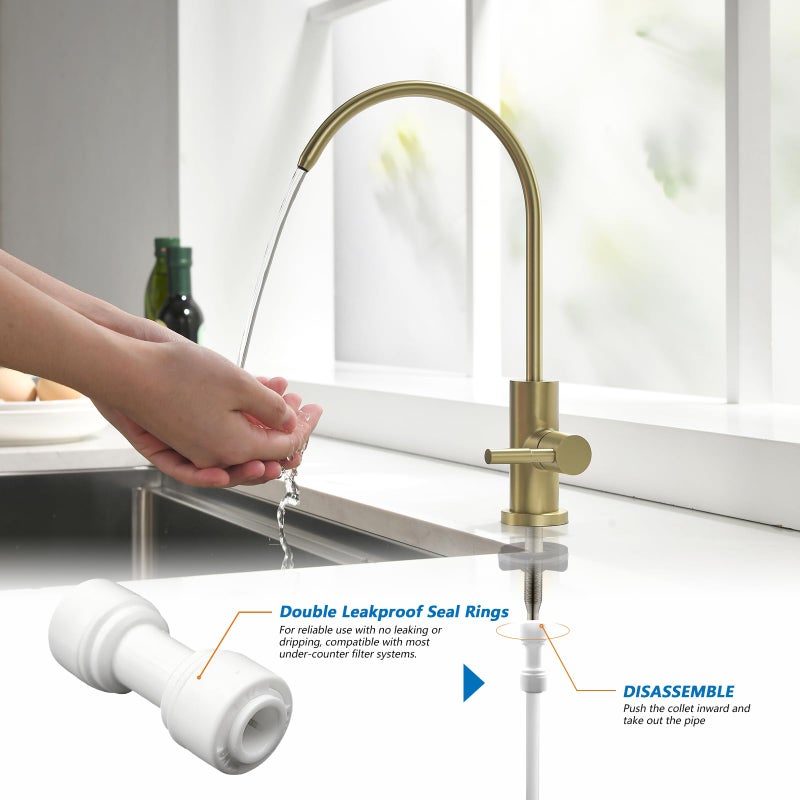 WEWE Drinking Water Faucet for Kitchen Sink, Gold Kitchen Water Filter Faucet Stainless Steel for Reverse Osmosis or Water Filtration System Beverage Non-Air Gap RO Faucet Gold Finish - Image 5