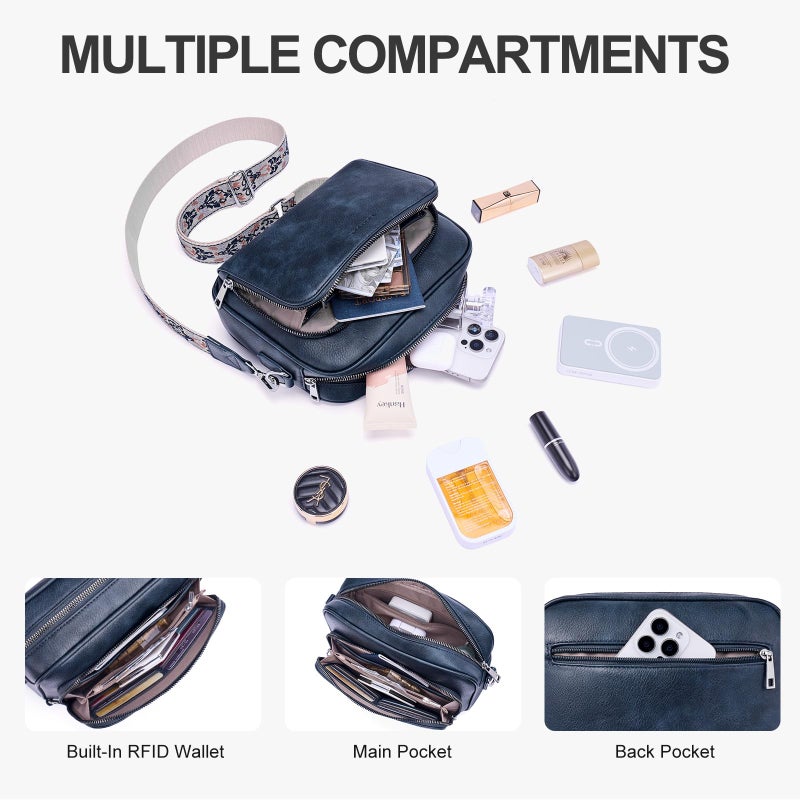 Lexiyat Crossbody Purses for Women Vegan Leather Travel Anti Theft Bags Guitar Strap Shoulder Purse with Built in Wallet Blue - Image 3