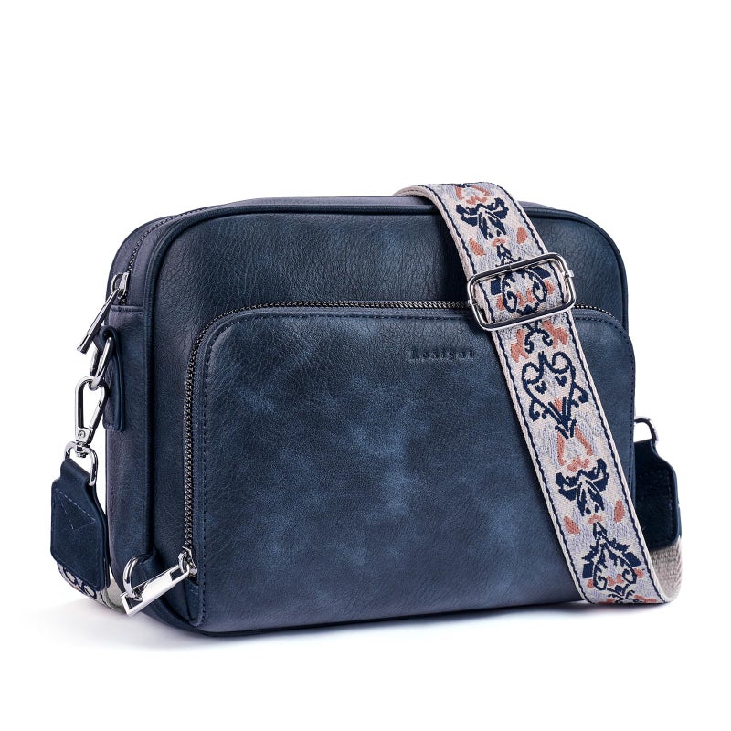 Lexiyat Crossbody Purses for Women Vegan Leather Travel Anti Theft Bags Guitar Strap Shoulder Purse with Built in Wallet Blue - Image 1
