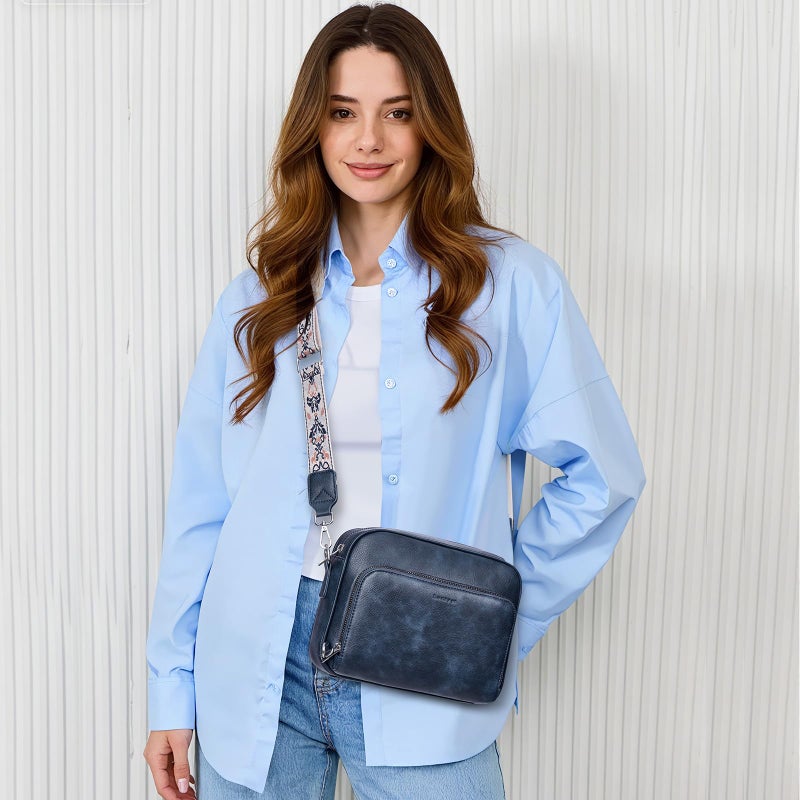 Lexiyat Crossbody Purses for Women Vegan Leather Travel Anti Theft Bags Guitar Strap Shoulder Purse with Built in Wallet Blue - Image 2