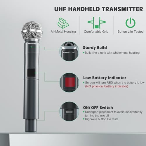 Phenyx Pro Professional Wireless Microphone, 561.6MHz UHF Dynamic Microphone, Metal Cordless Mic, Handheld Mic Transmitter for PTU-5000/PTU-4000 Series (PWH-5-561.6) - Image 2
