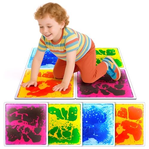 SMALL FISH Sensory Floor Tiles for Kids Toddlers 12x12 Liquid Sensory Mats Puzzle Pads Colorful Autism Sensory Play Mat for Dancing Stepping Lava Tile Games Daycare Sensory Room Preschool Must Have4 Pack - Image 1