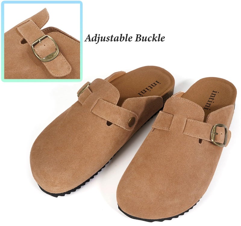 Intini Suede Leather Clogs for Men Womens Adjustable Buckle Cork Footbed Non-Slip Slippers Home Sandals Light Brown - Image 5