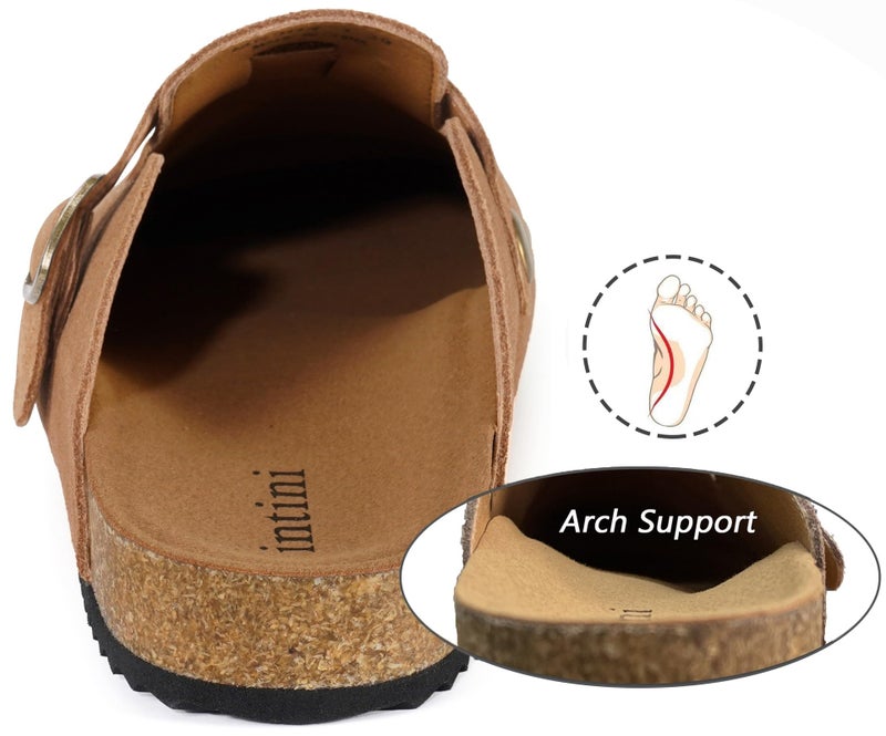 Intini Suede Leather Clogs for Men Womens Adjustable Buckle Cork Footbed Non-Slip Slippers Home Sandals Light Brown - Image 3
