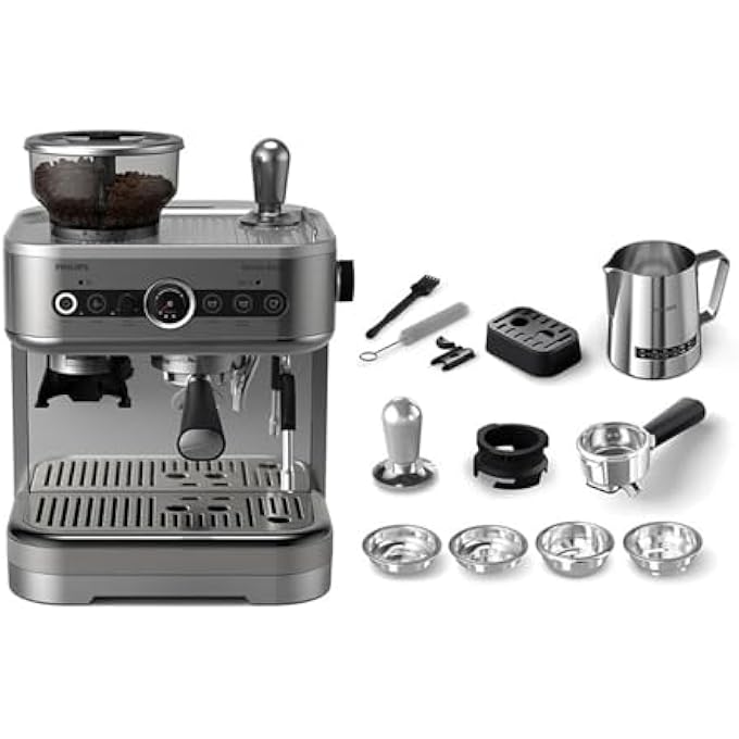 فيليبس ماكينة إسبريسو باريستا برو نصف آلية، سعة 280 غرام، وعاء مزدوج لحبوب القهوة، فلتر قهوة من الفولاذ المقاوم للصدأ، زر أمريكانو، إبريق حليب سعة 450 مل، مطحنة مخروطية معدنية، مقياس ضغط Psa322801 - Image 4