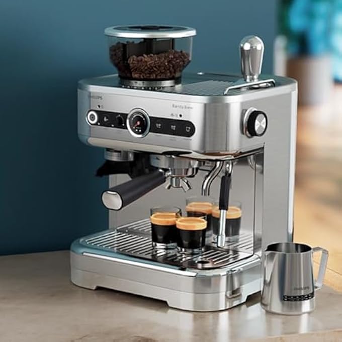 فيليبس ماكينة إسبريسو باريستا برو نصف آلية، سعة 280 غرام، وعاء مزدوج لحبوب القهوة، فلتر قهوة من الفولاذ المقاوم للصدأ، زر أمريكانو، إبريق حليب سعة 450 مل، مطحنة مخروطية معدنية، مقياس ضغط Psa322801 - Image 5