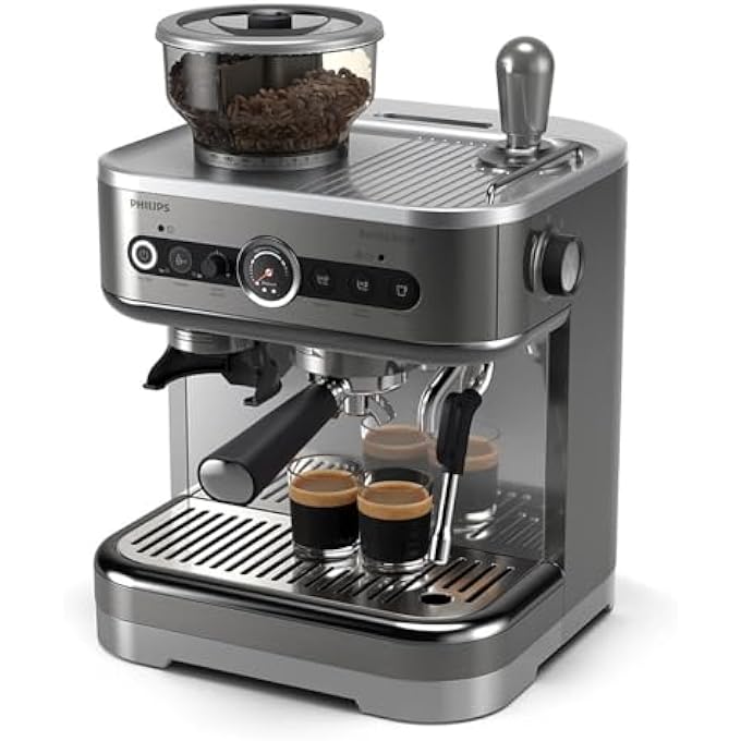 فيليبس ماكينة إسبريسو باريستا برو نصف آلية، سعة 280 غرام، وعاء مزدوج لحبوب القهوة، فلتر قهوة من الفولاذ المقاوم للصدأ، زر أمريكانو، إبريق حليب سعة 450 مل، مطحنة مخروطية معدنية، مقياس ضغط Psa322801 - Image 1