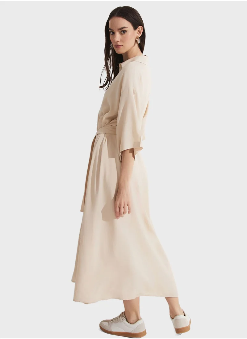 JUNE Belted Front Slit Dress