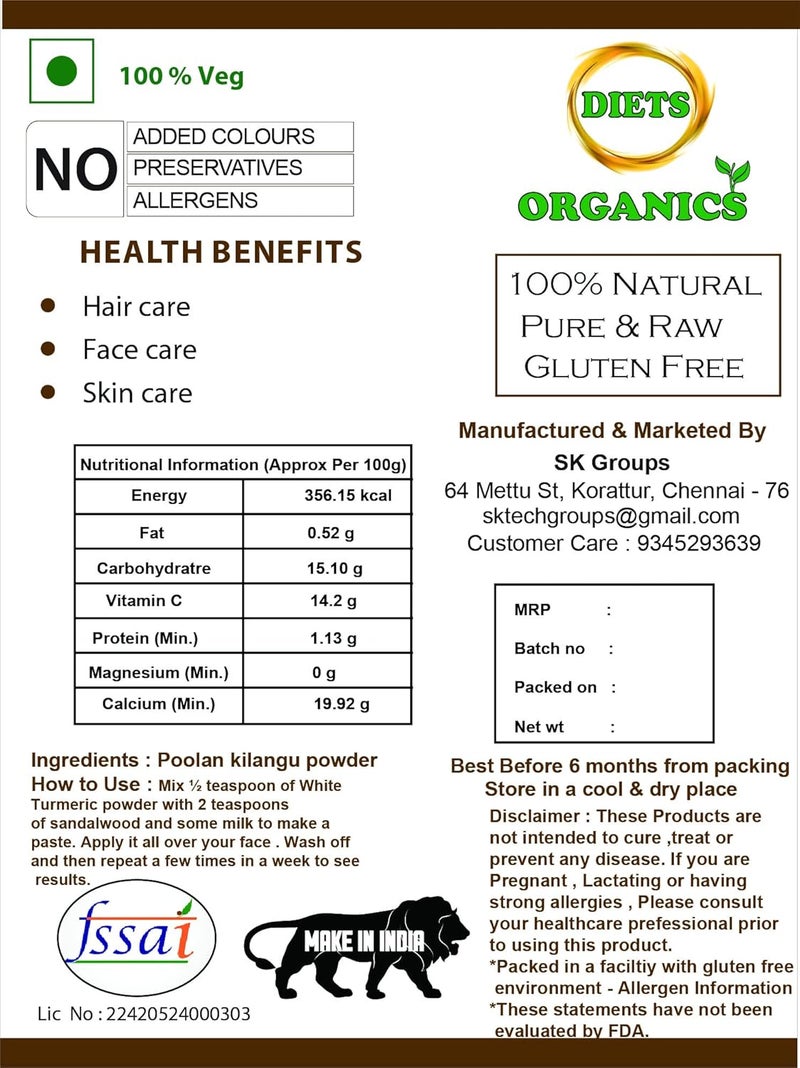 DIETS ORGANICS Poolankilangu powder 25 GMS 3 White Turmeric Kichili Kilangu Powder for Skin Care 25Gms PACK OF 3 - Image 4