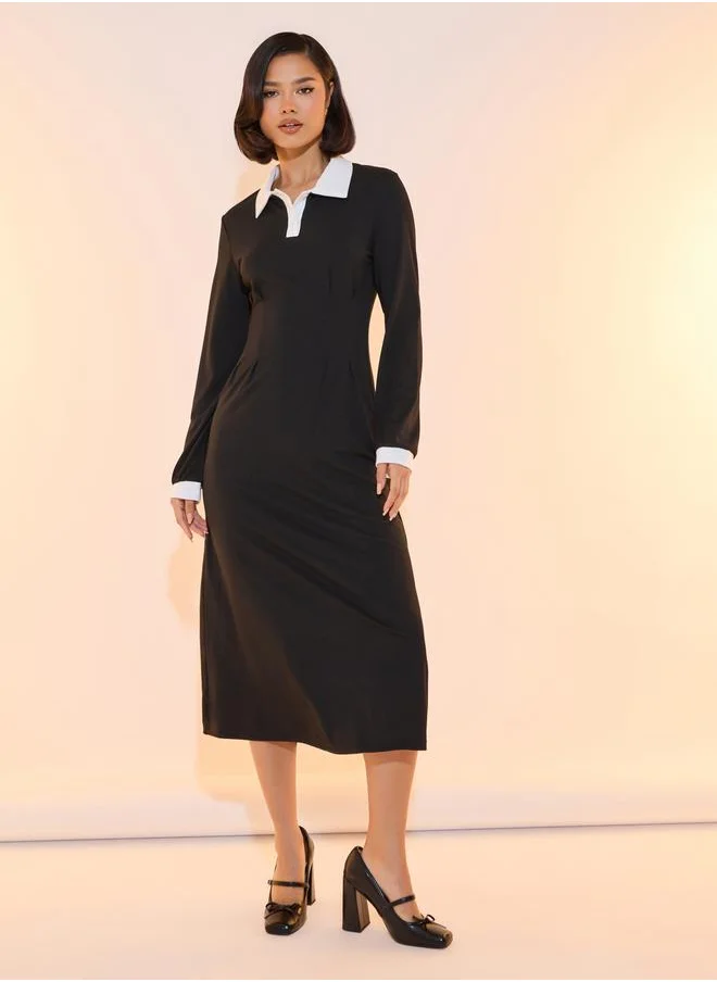 Take Two Contrast Polo Neck Long Sleeves Midi Dress