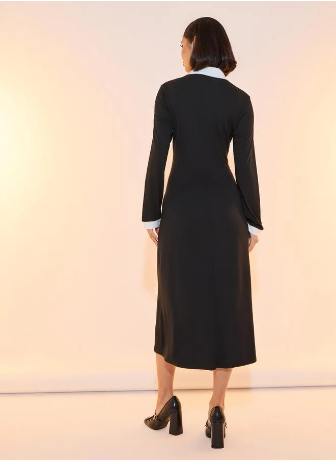 Take Two Contrast Polo Neck Long Sleeves Midi Dress