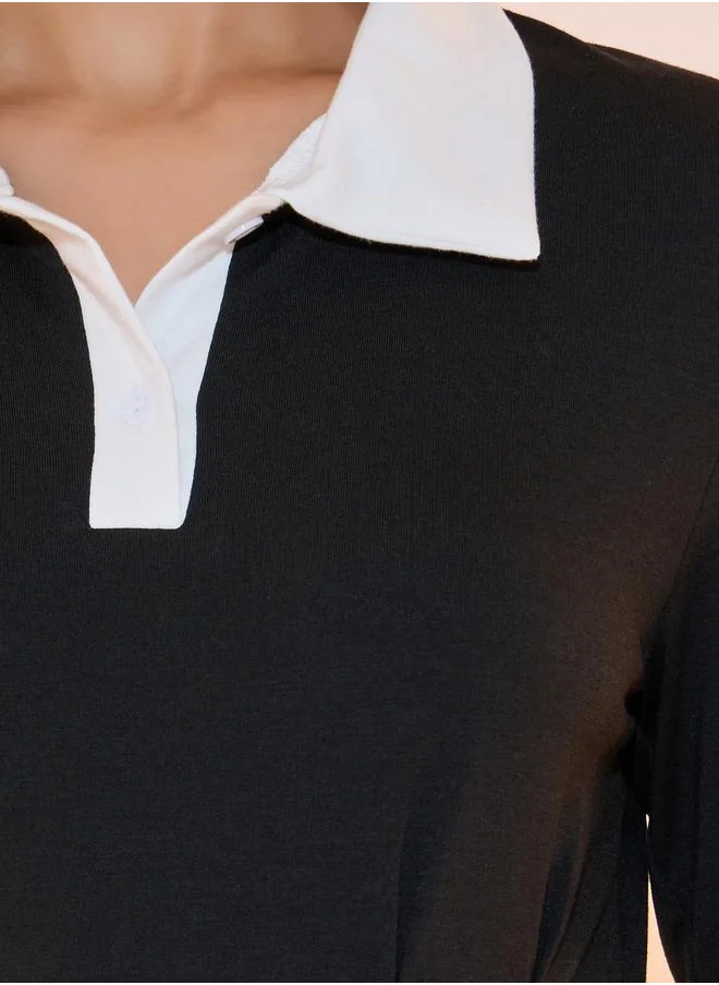 Take Two Contrast Polo Neck Long Sleeves Midi Dress