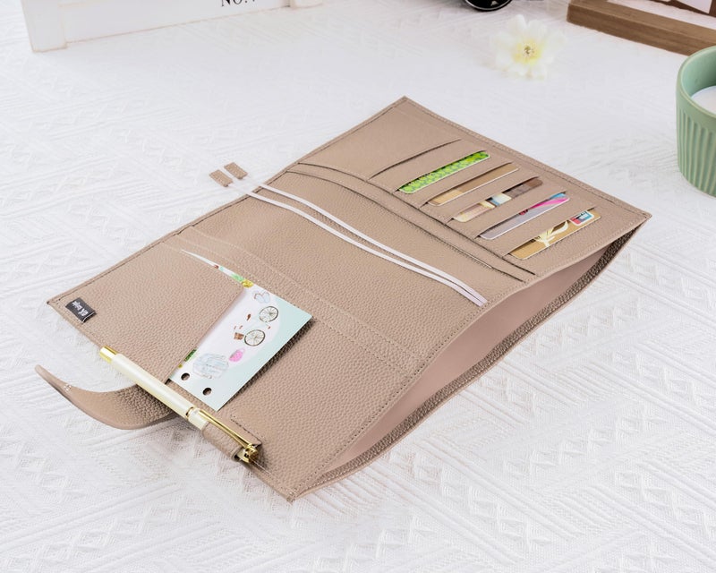 Ox Knight Genuine Leather Cover for A5 Notebooks, Fits Hobonichi Cousin, Midori MD Planners, Leuchtturm1917 and Stalogy with Pen Loop, Card Slots, Side Pockets, Back Pocket and Bookmarks (Taupe) - Image 4