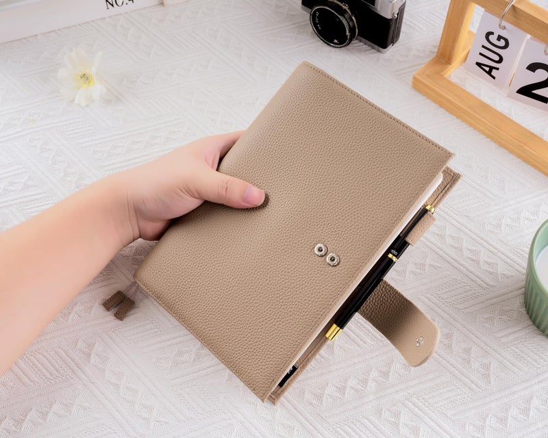 Ox Knight Genuine Leather Cover for A5 Notebooks, Fits Hobonichi Cousin, Midori MD Planners, Leuchtturm1917 and Stalogy with Pen Loop, Card Slots, Side Pockets, Back Pocket and Bookmarks (Taupe) - Image 2