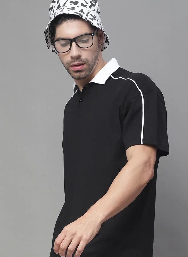 ستايلي Men Black Oversized Polo T-Shirt with Contrast Trim By Door74