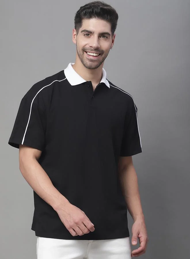 تايك تو تيشيرت بولو رجالي أسود واسع مع حواف متباينة من دور