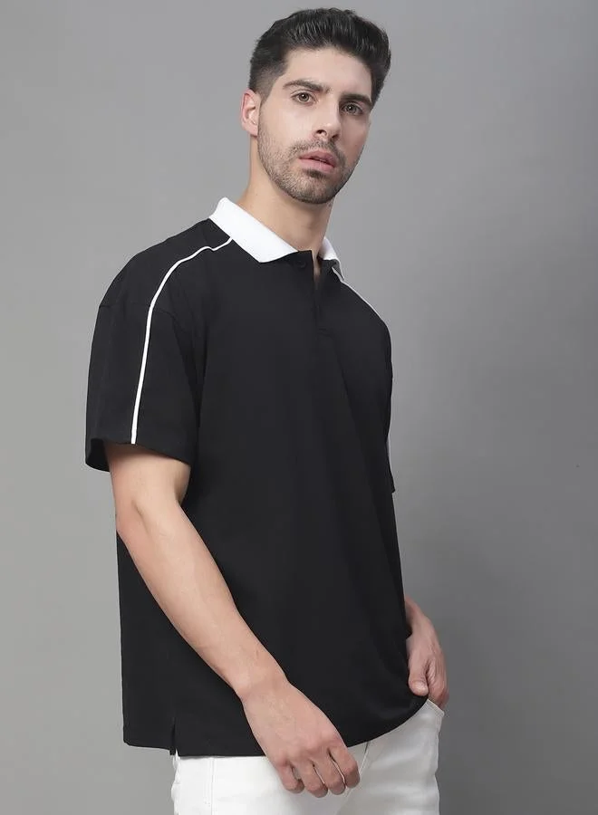 Take Two Men Black Oversized Polo T-Shirt with Contrast Trim