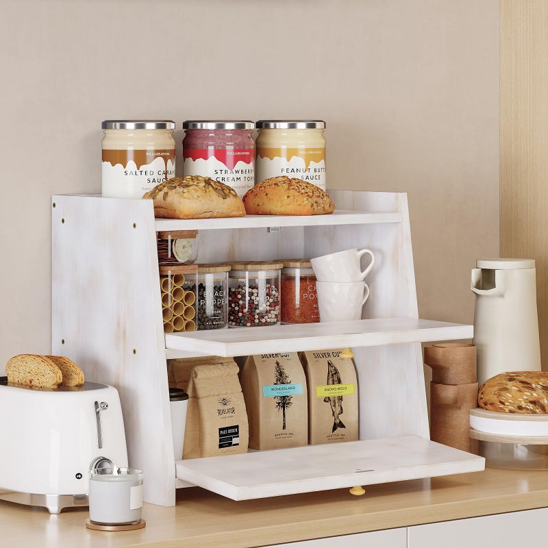 Trironsun Vintage Double Layer Bread Box for Kitchen Counter Bamboo Bread Storage Container Large Capacity Bread Storage Bin (Antique White) - Image 3