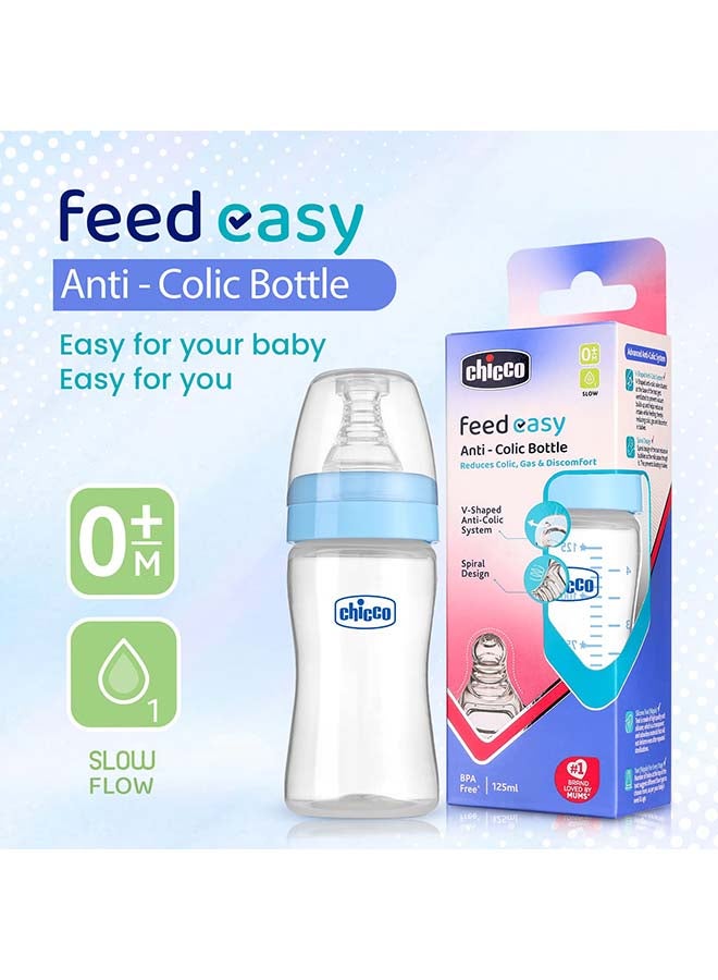 Chicco Feed Easy Milk Feeding Bottle for Babies & Toddlers, V-Shaped Anti-Colic System to Prevent Colic, Gas & Discomfort, For Comfortable latch, Ultra-Soft Silicone Nipple, Spill-Proof Cap & Stopper, BPA-free, Slow Flow, 0m+ (Pink, 125 ml Bottle, Blue) - Image 2