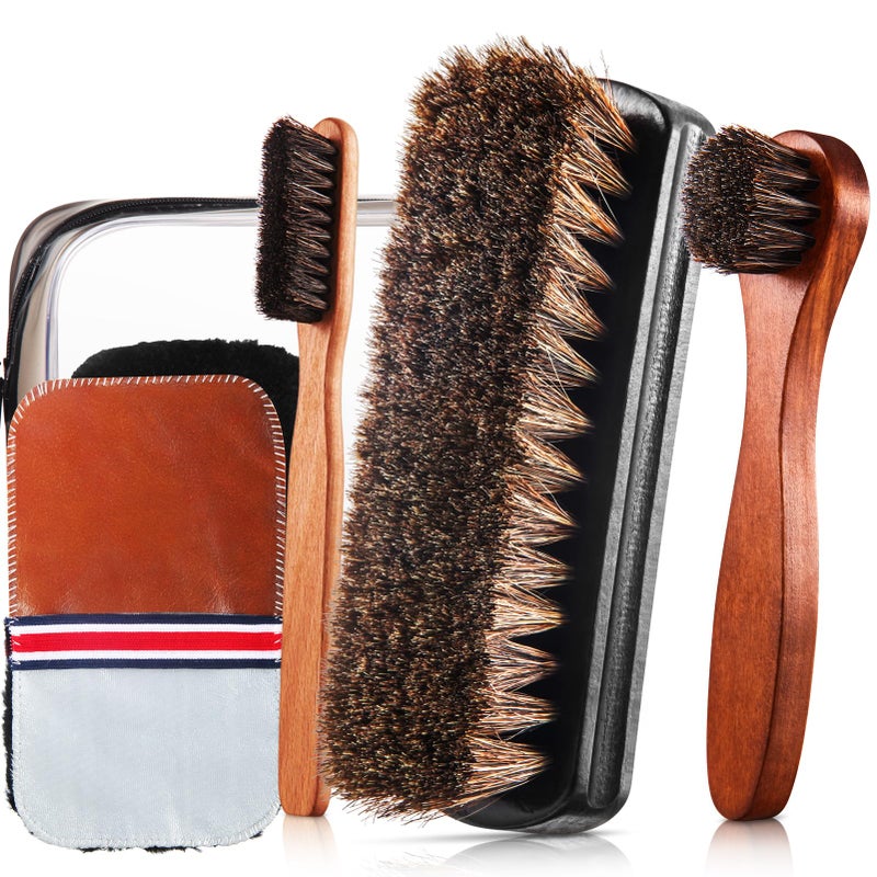 ZJoey 6 Pcs Horsehair Shine Shoes Brush Kit Polish Dauber Applicators Cleaning Leather Shoes Boots Care Brushes Suede Cleaner Brush with Microfiber Shoe Gloves6 Pcs Style E - Image 2