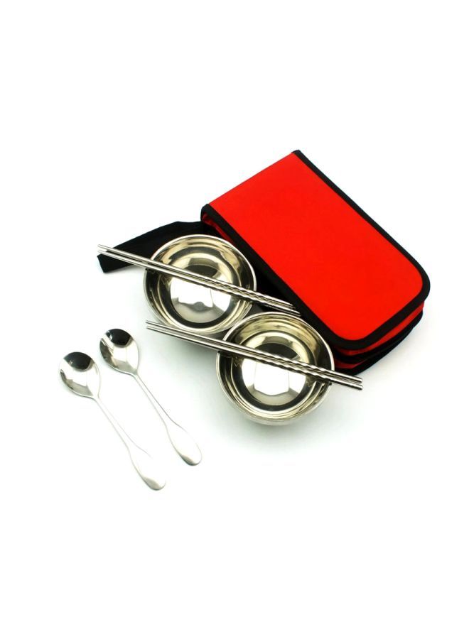 إسكدنيا طقم أدوات المائدة من الإستانليس ستيل 6 قطع عدد 2 سلطانية و2 أعواد طعام صينية ملعقة فضي Bowls 12x6 cm, Chopsticks 22.5 Spoons 3.8x17x2 cm , Storage Bag 24x14x7.5سم - Image 2