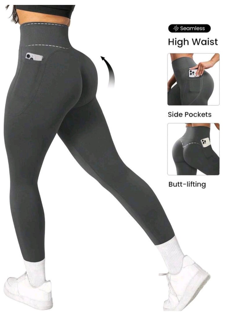 Sweet Cathy Seamless Yoga Pants High Waist Leggings 2 Side Pockets Sport Pants Tummy Control Scrunch Butt Lift Stretchable Tights Waist Compression Fitness Gym - Image 4