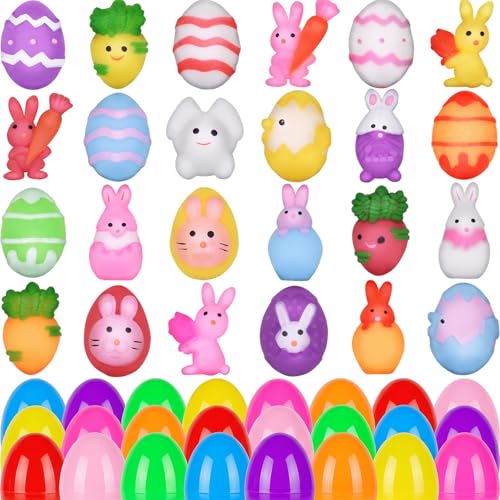 Howzcci 24 Pack Easter Mochi Squishy Toys Squishies Easter Toys with 24 PCS Plastic Easter Eggs for Kids Girls Boys Party Favors Easter Basket Stuffers Party Favors Candy Bags Gifts - Image 1