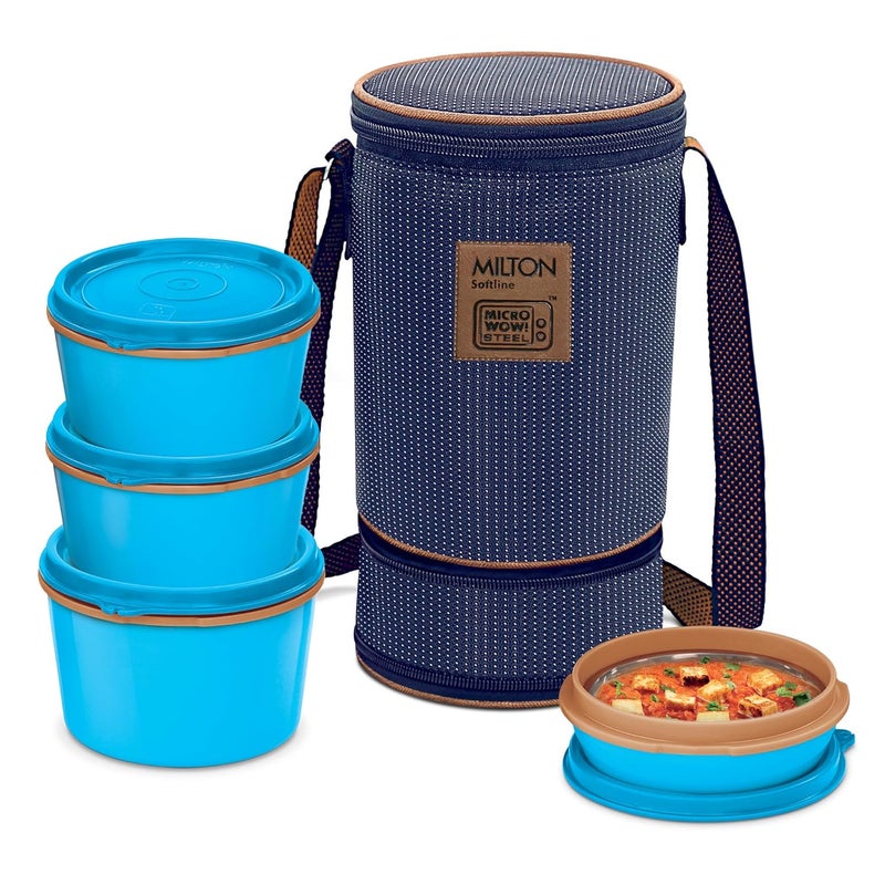 Milton MILTON Flexi 3+1 Lunch Box with Insulated Fabric Jacket, 4 Inner Stainless Steel Containers (180 ml, 320 ml, 320 ml, 450 ml), Microwave Safe & Leak-Proof Tiffin for Office, School, College, Blue  - Image 1