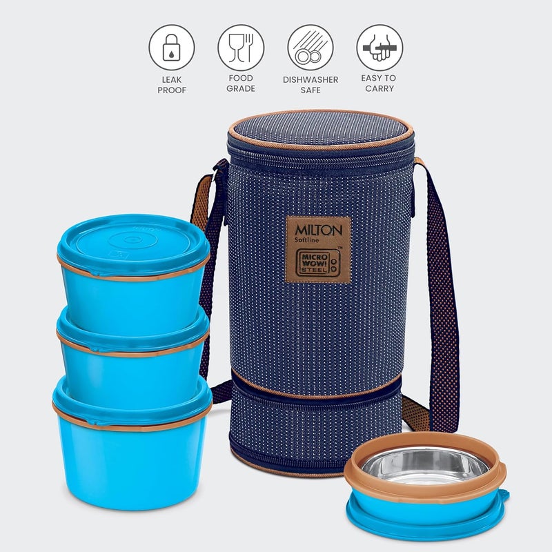 Milton MILTON Flexi 3+1 Lunch Box with Insulated Fabric Jacket, 4 Inner Stainless Steel Containers (180 ml, 320 ml, 320 ml, 450 ml), Microwave Safe & Leak-Proof Tiffin for Office, School, College, Blue  - Image 2