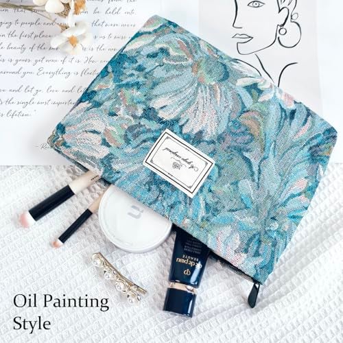STARDW Aesthetic Floral Makeup Bag Cute Small Cosmetic Bags for Women Girls, Travel Toiletry Bag Large Capacity Zipper Makeup Pouch, Purse Organizer Pouches (Oil Painting Style) - Image 2