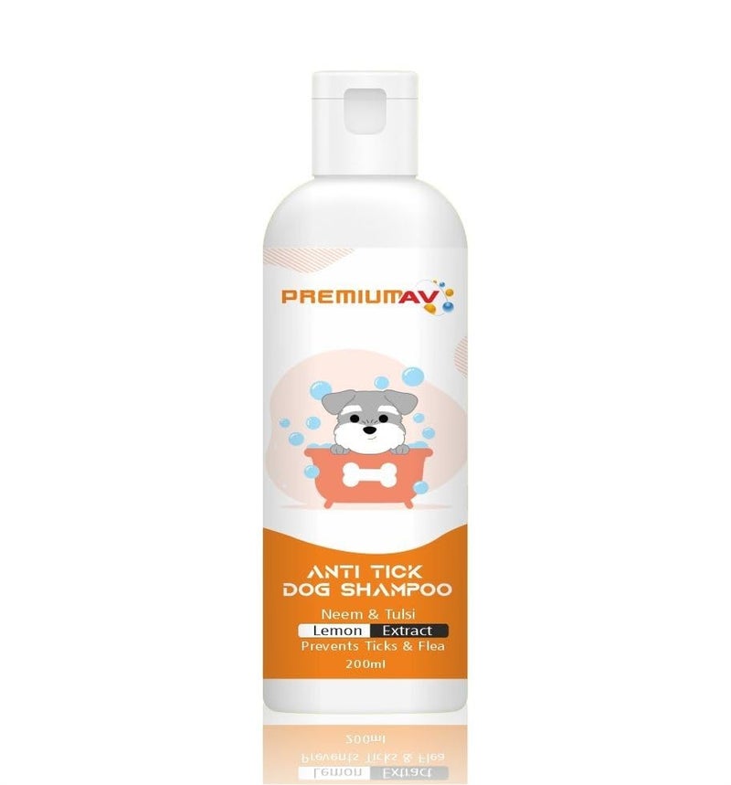 PremiumAV Anti Tick Dog Shampoo with Neem, Tulsi & Lemon – 200ml Herbal Shampoo for Dogs & Cats, Prevents Ticks & Fleas, Reduces Hair Fall, Cleans & Brightens Coat – for All Breeds & Ages - Image 1