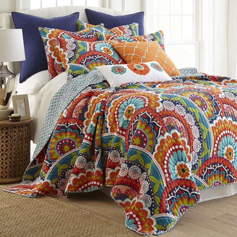 Levtex Home Serendipity Quilt Set King Quilt Two King Pillow Shams Boho Floral in Orange Teal Red Blue Quilt Size 106x92in and Pillow Sham Size 36x20in Reversible Cotton