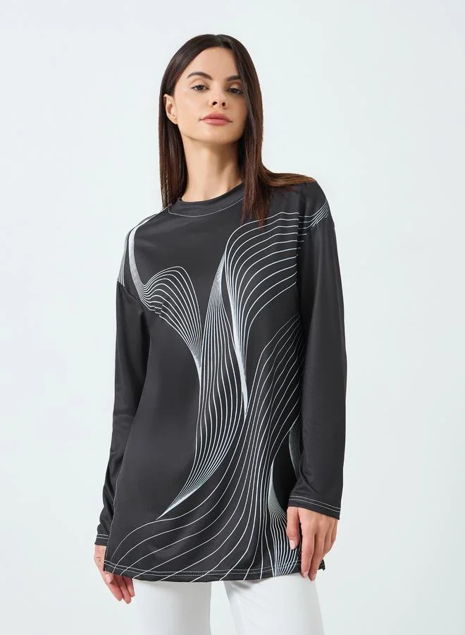 تايك تو Women's GEO Printed Round Neck Long Sleeve Split Hem Top and Solid Pants Set