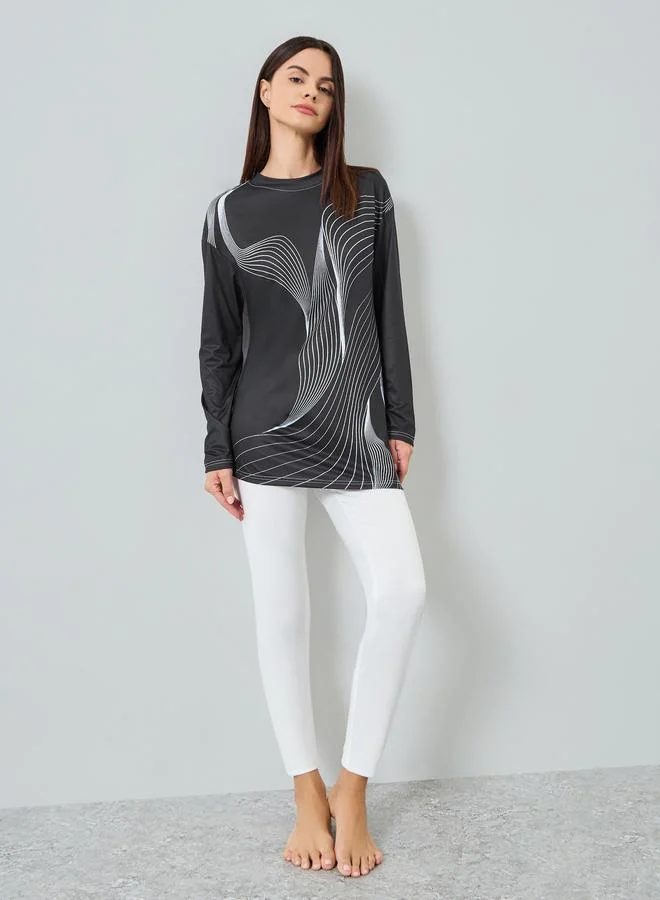 تايك تو Women's GEO Printed Round Neck Long Sleeve Split Hem Top and Solid Pants Set