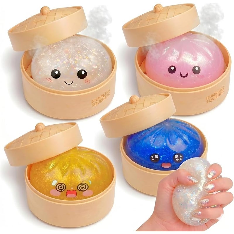 Lemoneon Glitter Dumpling Squishy Mystery Box 4 Pcs - 2026 Upgraded Dumplings Squishes for Adults Teens Squeeze Easter Basket Stuffers Smiling White and Pink - Sad Blue - Confused Gold - Image 1