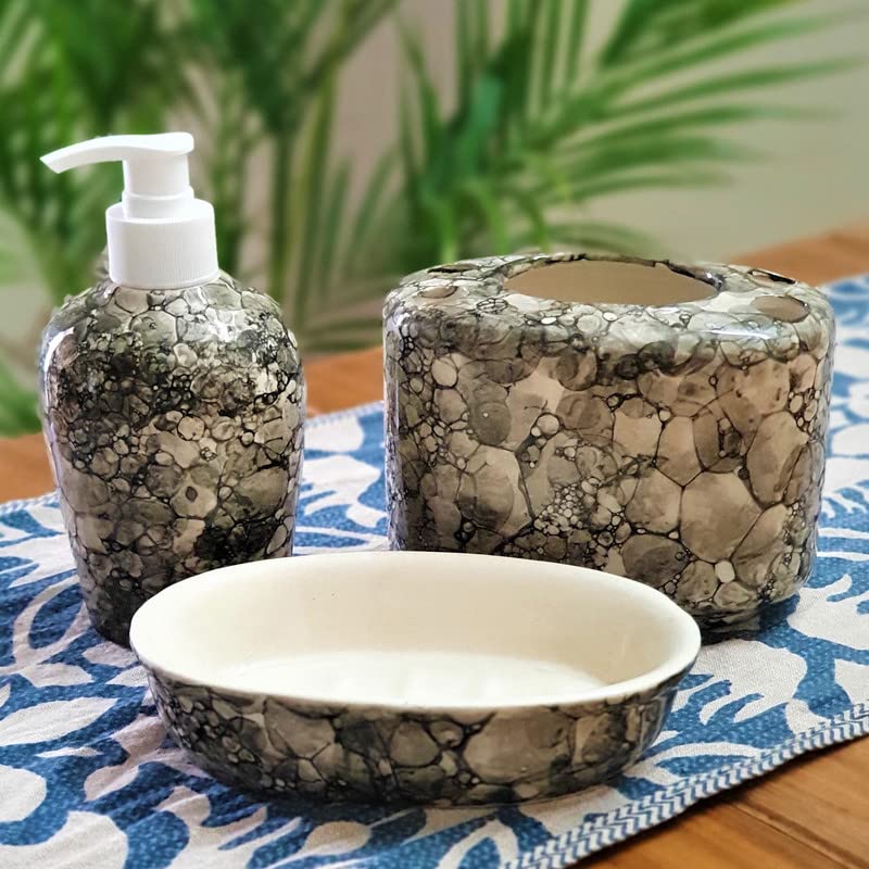 BACKKSPACE RETAIL Backspace Retail Handmade Ceramic Modern Bathroom Accessories Set of 3 Luster Enhance Your Bathroom with Soap Dish Liquid Soap Dispenser Toothbrush Holder - Image 1