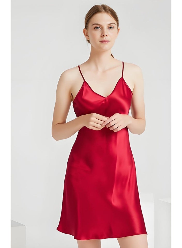 إسكدنيا فستان ليلي الحرير للمرأة ملابس النوم الحرير الملبي V الرقبة حزام السباغيتي فستان انزلاق قصير أحمر - Image 1