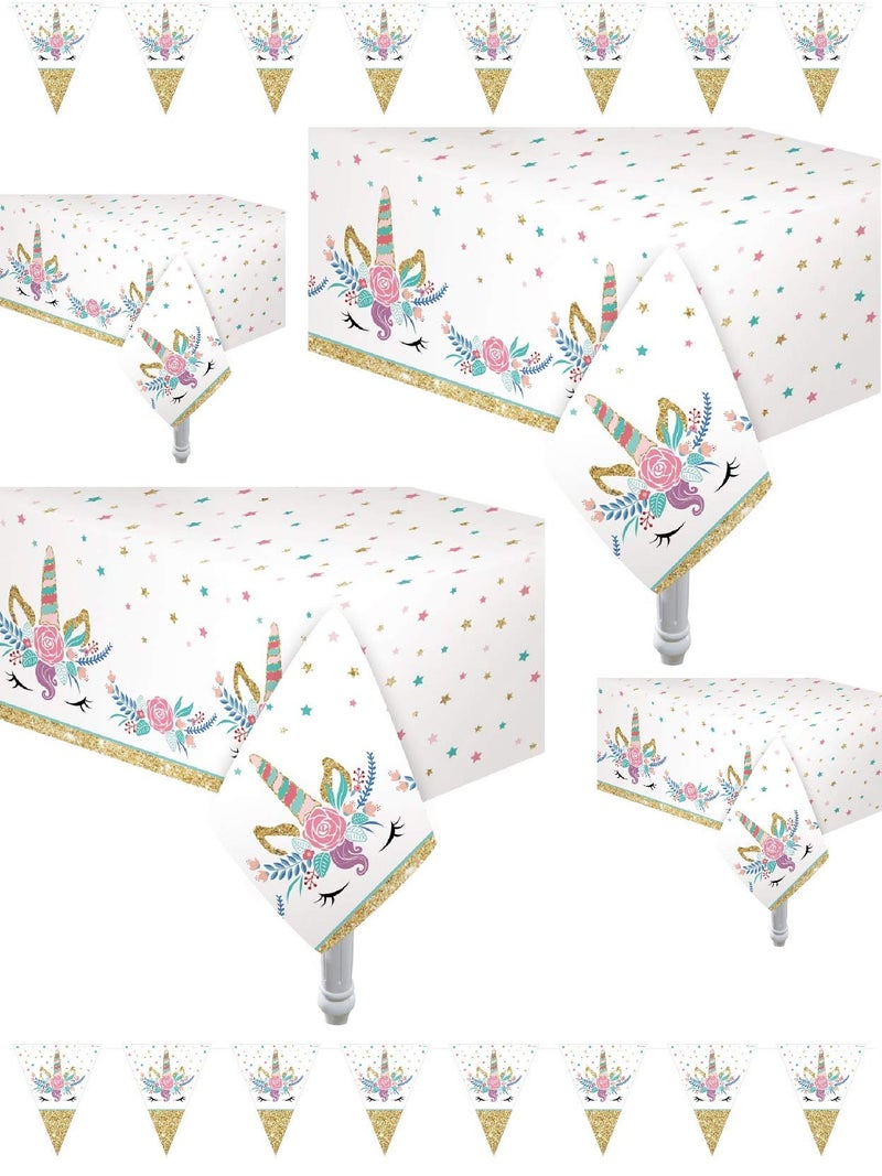 Oojami 4 Pack Unicorn Tablecloth Ideal for Unicorn Theme Birthday Party Baby Shower Size 54 x 108 Ideal for Girls Unicorn Glitter Theme Decoration Party  Includes Two Pennant Banners
