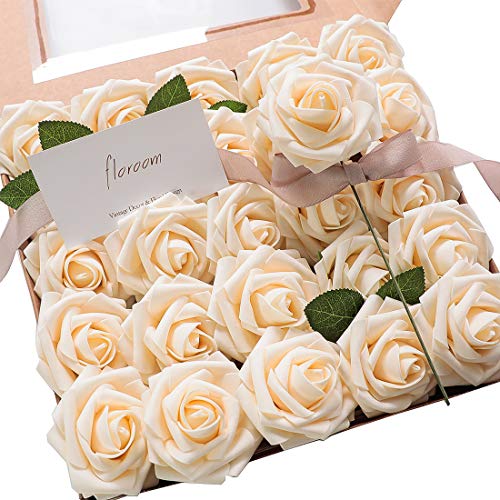 Floroom Artificial Flowers 25pcs Real Looking Champagne Foam Fake Roses with Stems for DIY Wedding Bouquets Bridal Shower Centerpieces Floral Arrangements Party Tables Home Decorations - Image 1